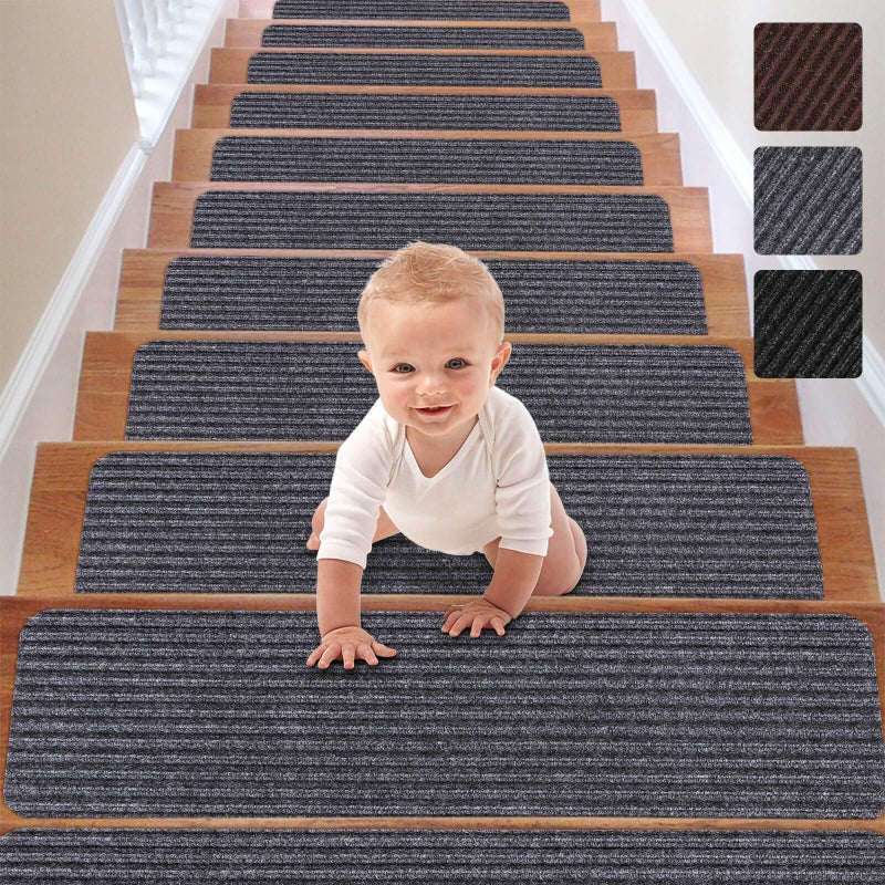 RIOLAND Stair Treads Carpet Non-Slip Indoor Stair Runners for Wooden Steps, Stair Rugs for Kids and Dogs, Set of 15, 8" X 30", Gray - Image 1